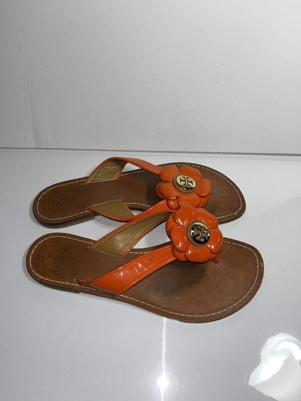 Tory Burch Breely Flower Thong Sandals Orange Patent Leather Size6.5